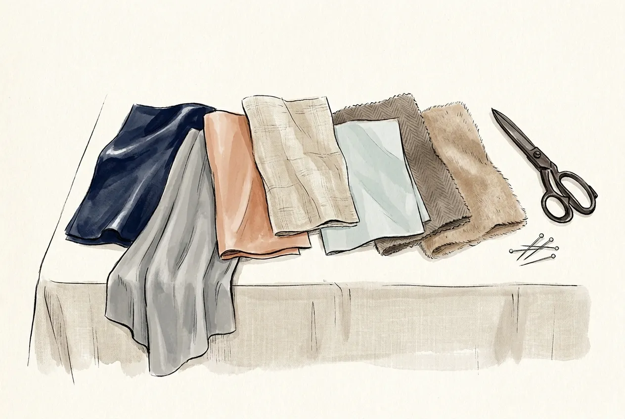 Illustration à l'encre et à la gouache : sept échantillons de tissu en éventail sur une table nappée de lin, du satin marine brillant au lin froissé, au tweed à chevrons et à une maille duveteuse, près de ciseaux de tailleur et d'épingles.
