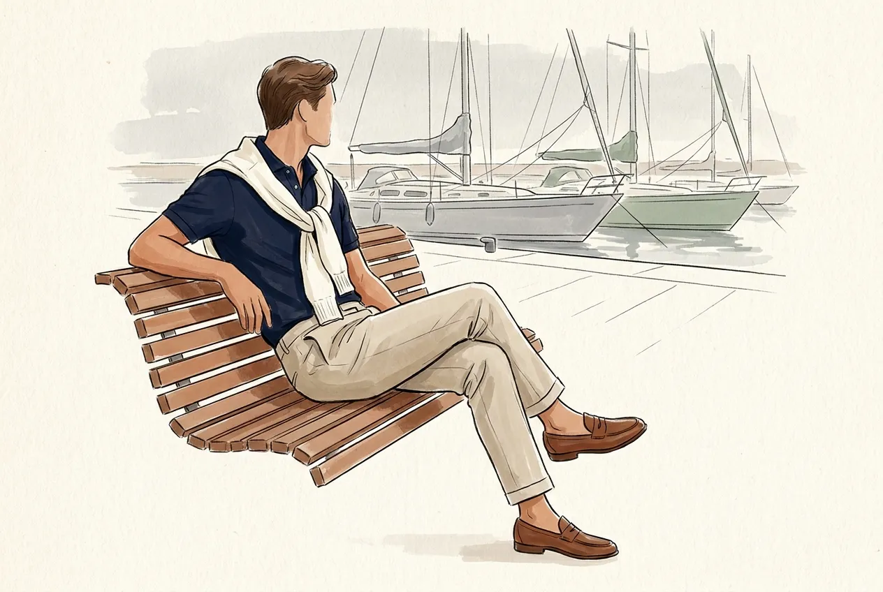 Illustration à l'encre et à la gouache : un homme assis sur un banc de port face aux voiliers, en polo piqué marine, pull écru noué sur les épaules, chino beige à revers et mocassins marron.