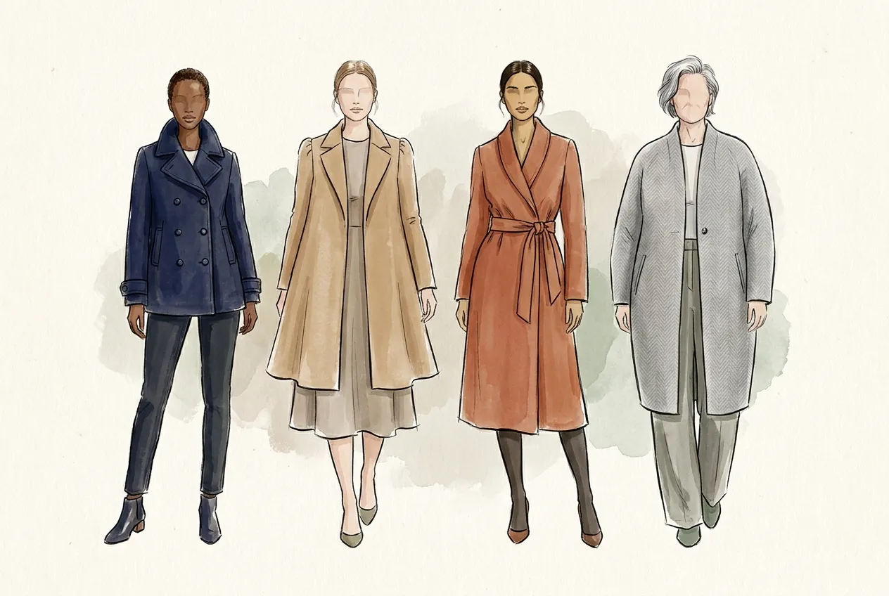 Illustration à l'encre et à la gouache : quatre femmes de silhouettes différentes en manteau, un caban marine court, un manteau trapèze camel, un manteau portefeuille terracotta ceinturé et un manteau cocon gris à chevrons.