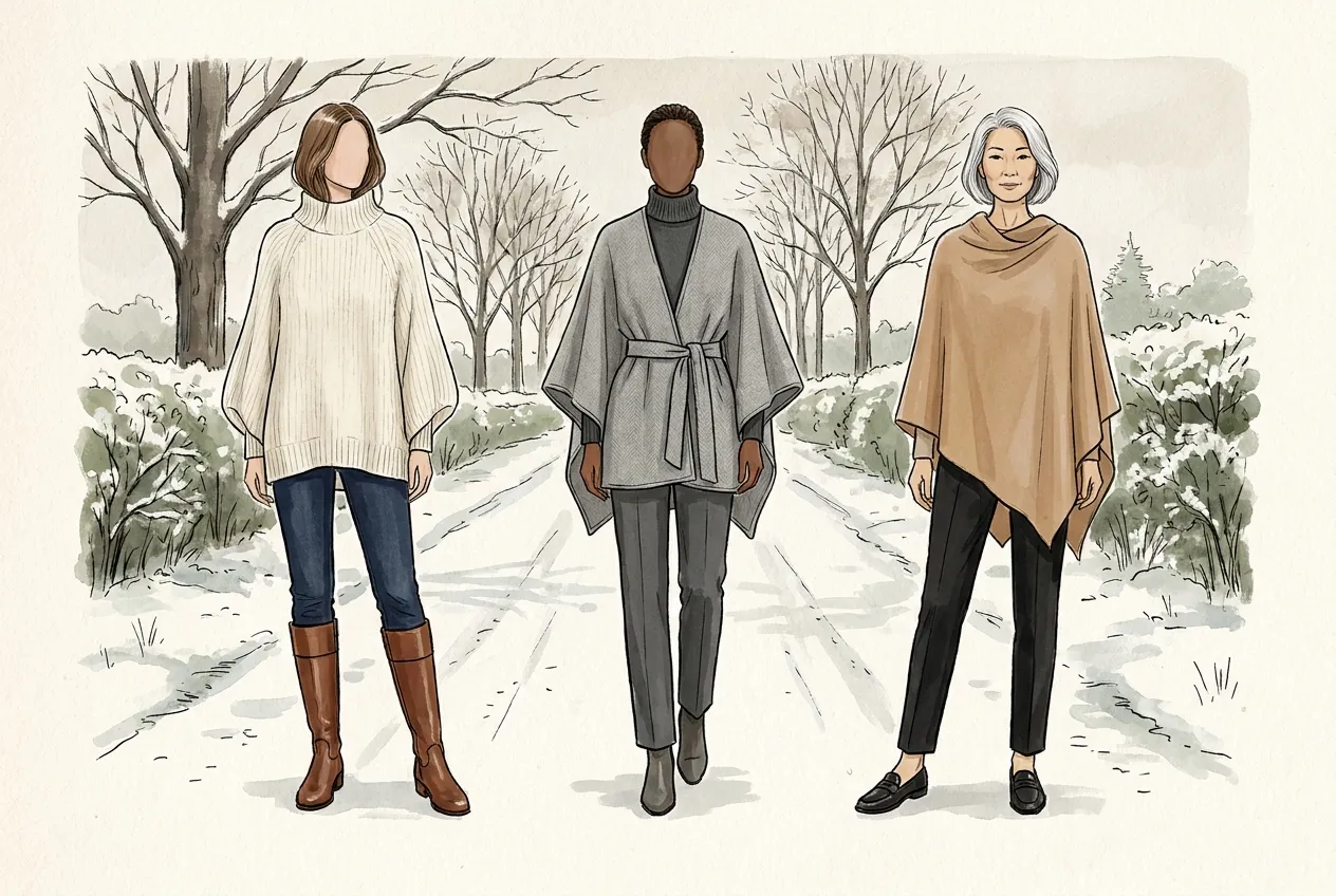 Illustration à l'encre et à la gouache : trois femmes sur un chemin enneigé, en poncho en maille écrue à col roulé avec jean brut et bottes hautes, en poncho-cape gris ceinturé sur un pantalon droit, et en poncho camel asymétrique sur un pantalon noir et des mocassins.