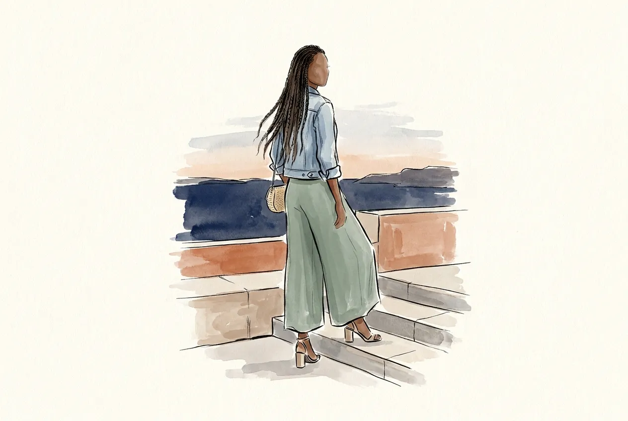 Illustration à l'encre et à la gouache : de dos, une femme aux longues tresses sur les marches d'une terrasse au crépuscule, en tenue fluide vert sauge aux jambes très larges, veste en jean claire, sandales à talon carré et petit sac en paille.