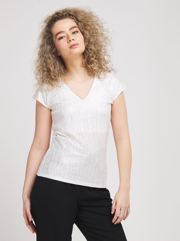 NINA KALIO Tee-shirt Fines Rayures Argentes Blanc brillant