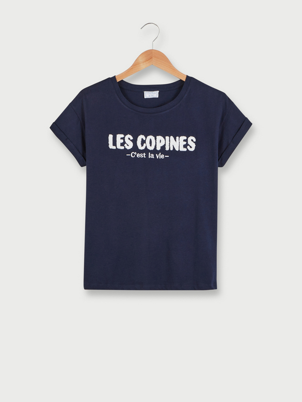 C EST BEAU LA VIE Tee-shirt Manches Courtes  Revers, Message En Broderie Bouclette Bleu marine 1021412