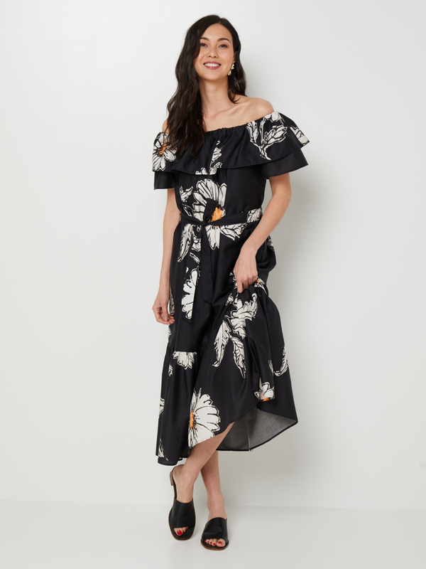 DESIGUAL Robe Longue Imprime Fleurs Encolure Bardot Noir Photo principale